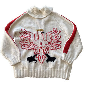 1960s Polish Eagle Hand Knit Wool Sweater Taylor Zip Shawl Collar Men XL Rare